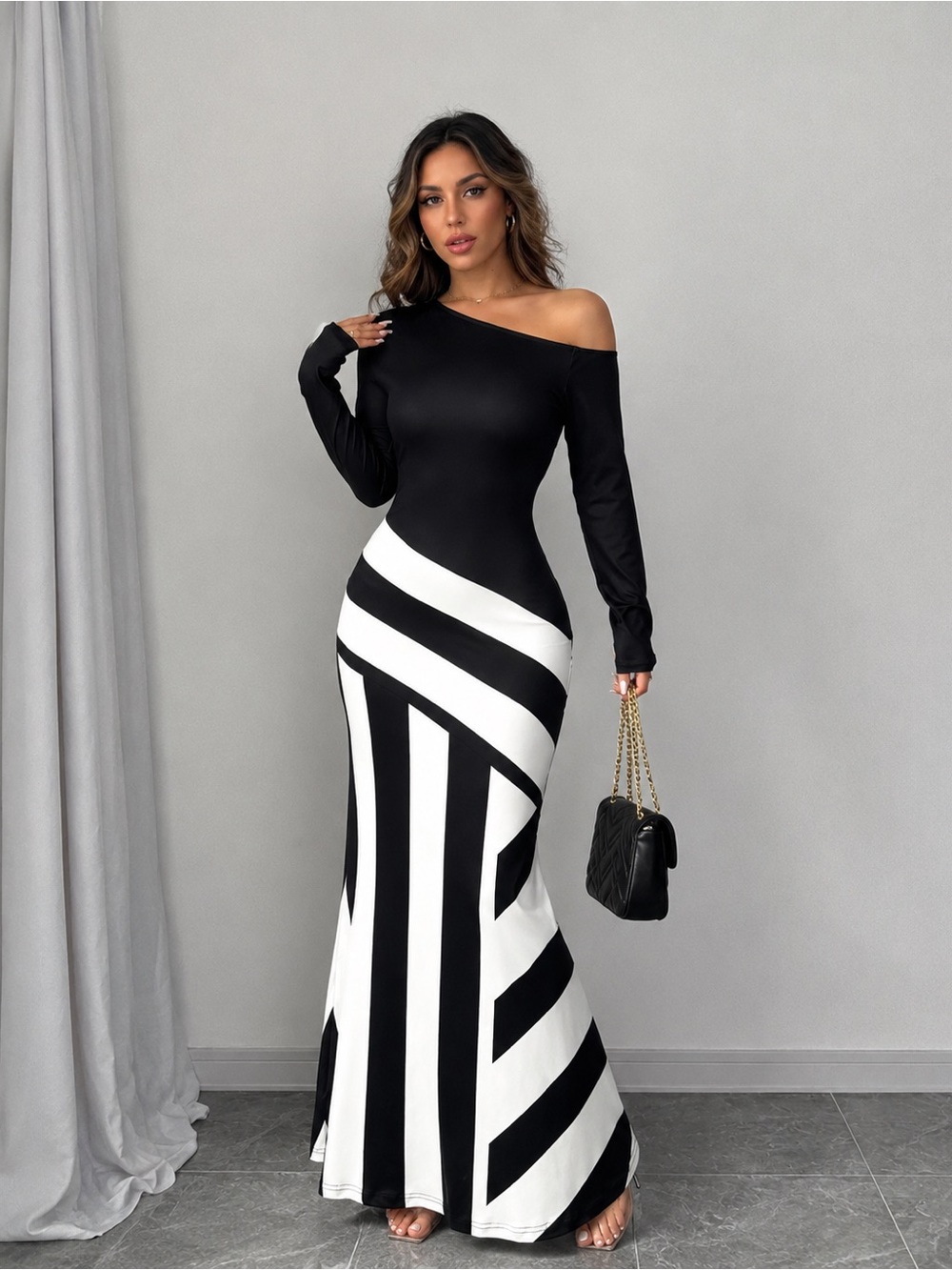 SHEIN Black White Geometric One Shoulder Maxi Dress Size L 8/10 NWOT #1125